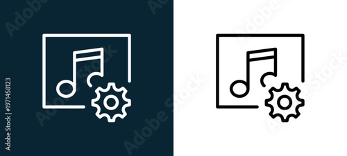 Two-color music player outline icon pair in black and white, editable stroke vector illustration for web, mobile apps, UI design, branding, and print from interaction set