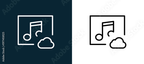 Two-color music player outline icon pair in black and white, editable stroke vector illustration for web, mobile apps, UI design, branding, and print from interaction set