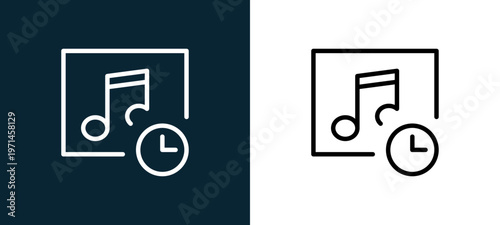 Two-color music player outline icon pair in black and white, editable stroke vector illustration for web, mobile apps, UI design, branding, and print from interaction set