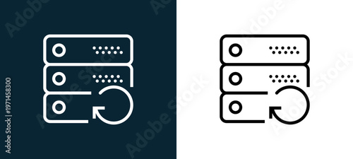 Two-color server outline icon pair in black and white, editable stroke vector illustration for web, mobile apps, UI design, branding, and print from interaction set