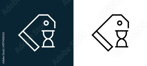 Two-color price tag outline icon pair in black and white, editable stroke vector illustration for web, mobile apps, UI design, branding, and print from interaction set