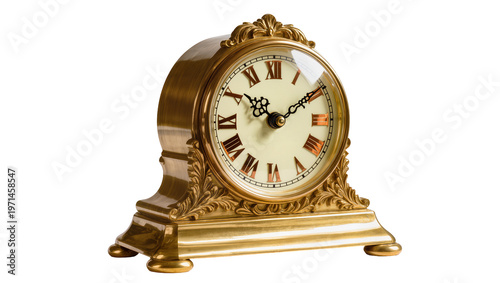 Photos Ornate golden mantel clock with Roman numerals, isolated on transparent backgrou