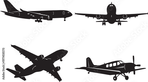 Four black silhouettes of different airplanes on white background