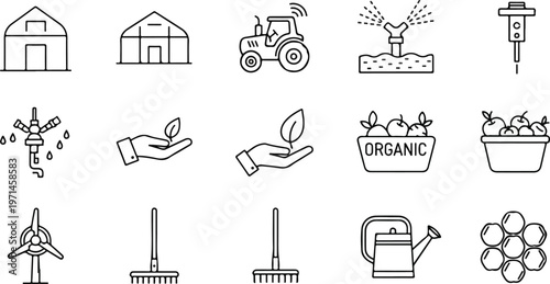 Modern agriculture and smart farming line icons featuring tractor, greenhouse, organic harvest, and irrigation tools.