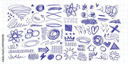 Massive isolated blue pen chaos scribbles set. Hand drawn abstract rough shapes, strokes, spirals and zigzags on grid. Vector dirty doodle elements collection for grunge overlay and typography.