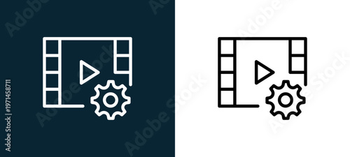 Two-color video player outline icon pair in black and white, editable stroke vector illustration for web, mobile apps, UI design, branding, and print from interaction set