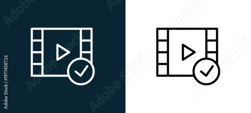 Two-color video player outline icon pair in black and white, editable stroke vector illustration for web, mobile apps, UI design, branding, and print from interaction set