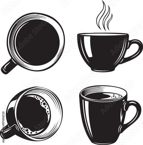 Four black coffee cups in different positions