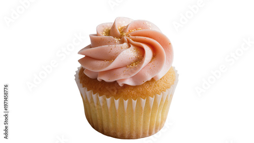 Foto Golden vanilla cupcake with pink swirled frosting and gold glitter, isolated on