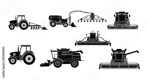Collection of black silhouette farming machinery and agricultural equipment