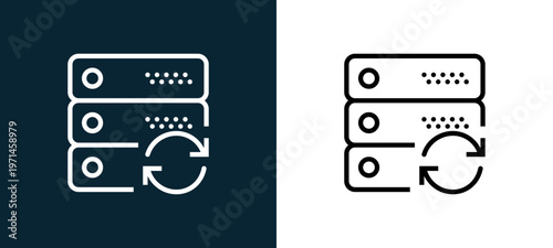 Two-color server outline icon pair in black and white, editable stroke vector illustration for web, mobile apps, UI design, branding, and print from interaction set
