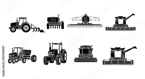 Collection of black silhouette farming machinery and agricultural equipment