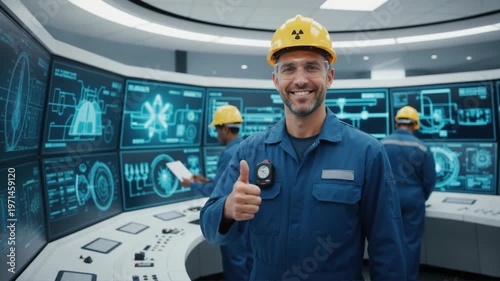 Smiling male nuclear engineer giving thumbs up in control room. Professional technician in yellow hard hat and blue jumpsuit at power plant. Nuclear energy and safety concept