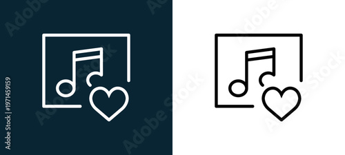 Two-color music player outline icon pair in black and white, editable stroke vector illustration for web, mobile apps, UI design, branding, and print from interaction set