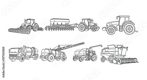 Collection of black silhouette farming machinery and agricultural equipment