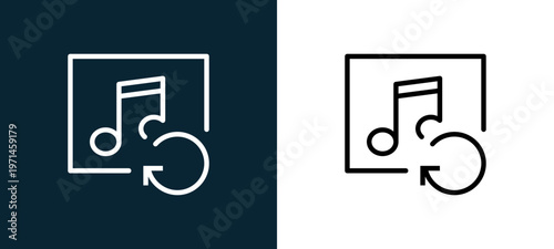 Two-color music player outline icon pair in black and white, editable stroke vector illustration for web, mobile apps, UI design, branding, and print from interaction set