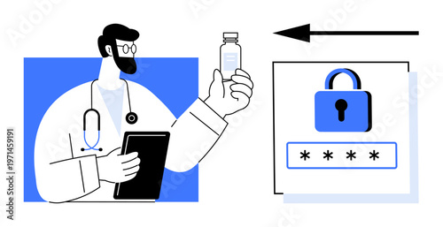 Healthcare data security. Protecting sensitive medical information with encryption and digital systems. Healthcare data secure access and patient privacy. For medicine, cybersecurity, health apps