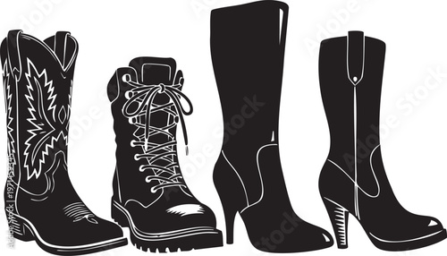 A group of four different types of boots