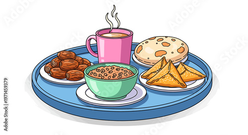 Colorful illustration of traditional Indian snacks and coffee on blue tray