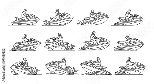 Line art illustration depicting multiple jet skis on water surfaces