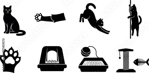 Black silhouette vector illustration of cats and dogs with icon symbols including yoga woman business people and kanji style icons