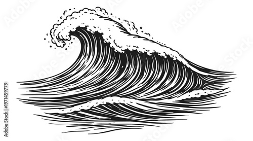 Ocean wave hand drawn engraving illustration, vintage surf wave line art black and white sea water splash