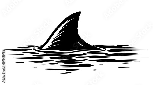 Shark fin silhouette hand drawn illustration, ocean predator minimal line art marine symbol black and white