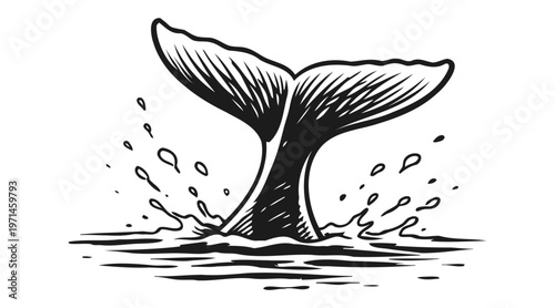 Whale tail hand drawn engraving illustration, vintage ocean wildlife line art sea splash black and white
