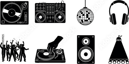 Set of speaker vector illustration icons for music audio and sound equipment featuring stereo media technology design with dj vintage and symbol elements