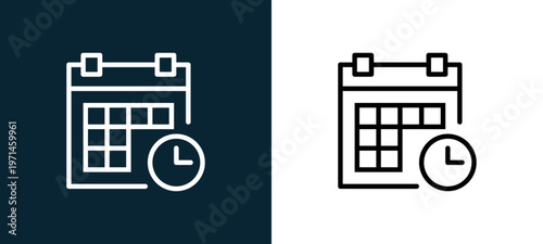 Two-color calendar outline icon pair in black and white, editable stroke vector illustration for web, mobile apps, UI design, branding, and print from interaction set