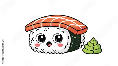 Adorable sushi roll character with large eyes and a surprised expression sitting next to a green blob of wasabi.