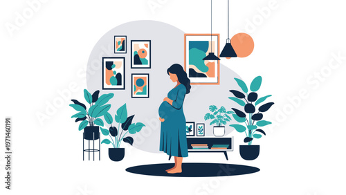 Peaceful scene of a pregnant woman standing in a modern living room filled with plants and art pieces for maternity.