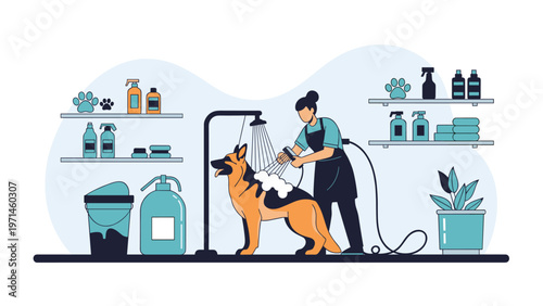 Professional dog groomer washing a German Shepherd in a grooming salon with shelves full of pet care products and shampoos.