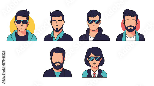 Group of male and female character portraits wearing stylish sunglasses with different hair and beard styles in a flat design.