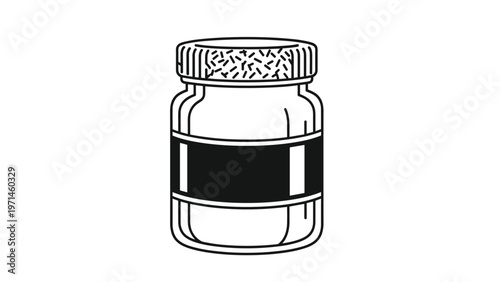 Simple black and white line art illustration of a glass jar with a label and a patterned lid for storage or packaging design.