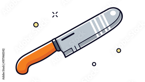 Professional kitchen knife with a sharp silver blade and an ergonomic orange handle shown in a clean flat illustration style.