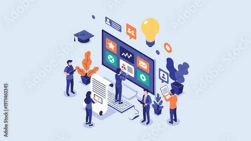 Team of professionals works together on a large digital screen showcasing various data and communication app icons.