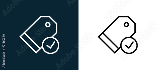 Two-color price tag outline icon pair in black and white, editable stroke vector illustration for web, mobile apps, UI design, branding, and print from interaction set