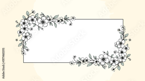 Elegant rectangular frame features delicate black and white floral sketches with subtle green leaf accents on corners.