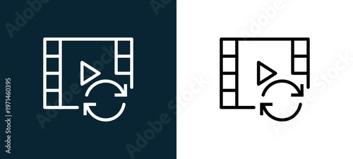 Two-color video player outline icon pair in black and white, editable stroke vector illustration for web, mobile apps, UI design, branding, and print from interaction set
