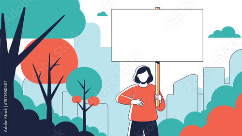 Person in a red sweater holds up a large blank white sign while standing in an abstract park and city setting.