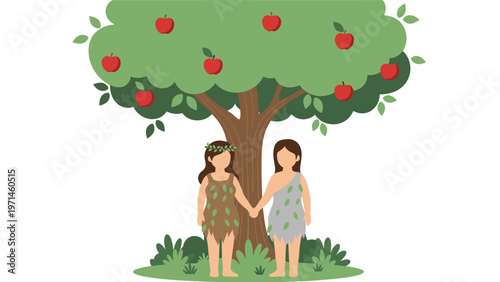 Two women dressed in leaves stand holding hands under a large green apple tree laden with many ripe red apples.