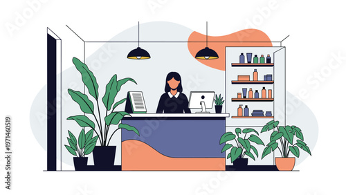 Professional female receptionist works at a modern office counter with plants and shelves of products in the background.