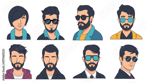 Collection of eight diverse male avatars features various hairstyles beards and sunglasses in a modern graphic style.