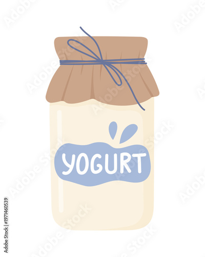 Yogurt in glass jar with cloth lid. Organic dairy product, farm fresh food, healthy nutrition concept, flat vector illustration isolated on light background.