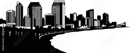 San Diego city skyline silhouette, modern buildings with coastal line, oceanfront cityscape.