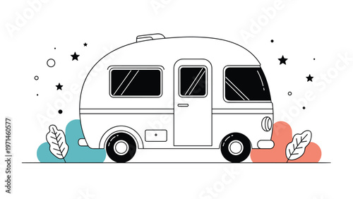Simple black and white line art illustration of a retro caravan camper is accented with stars and colorful leaf shapes.