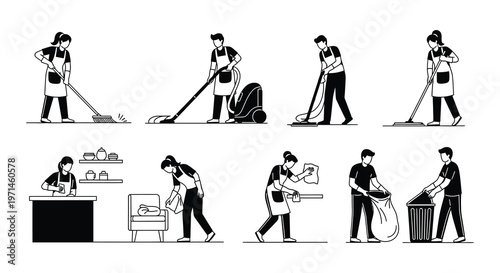 Diverse group of people performing various cleaning and janitorial tasks