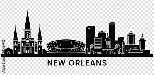 Vector illustration new orleans city skyline with famous landmarks and buildings in black silhouette