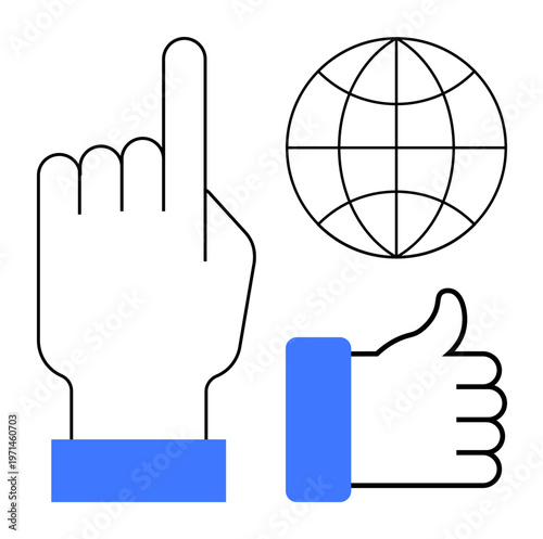 Hand gestures. Minimalistic line art of a pointing finger, thumbs up, and globe symbol. Hand gestures communication, approval, and globalization. For business, education technology apps and media